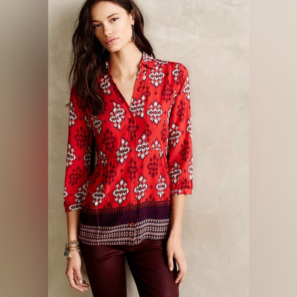 Maeve Anthropologie Woodland Walk Aztec Print  Button Down‎ Blouse Tunic Size 0